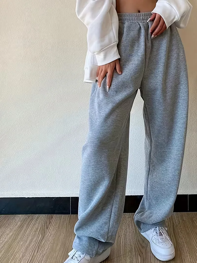مستقيم الساق السراويل عارضة مرونة الخصر فضفاضة المرأة واسعة الساق السراويل الرباط Sweatpants الركض استرخاء الصوف الخريف الشتاء #1