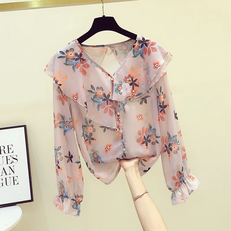 Women's Floral Chiffon Shirt, V-Neck, Flare Sleeved, Loose, Office Lady, Elegant Outwear Tops, Summer, New, 2024