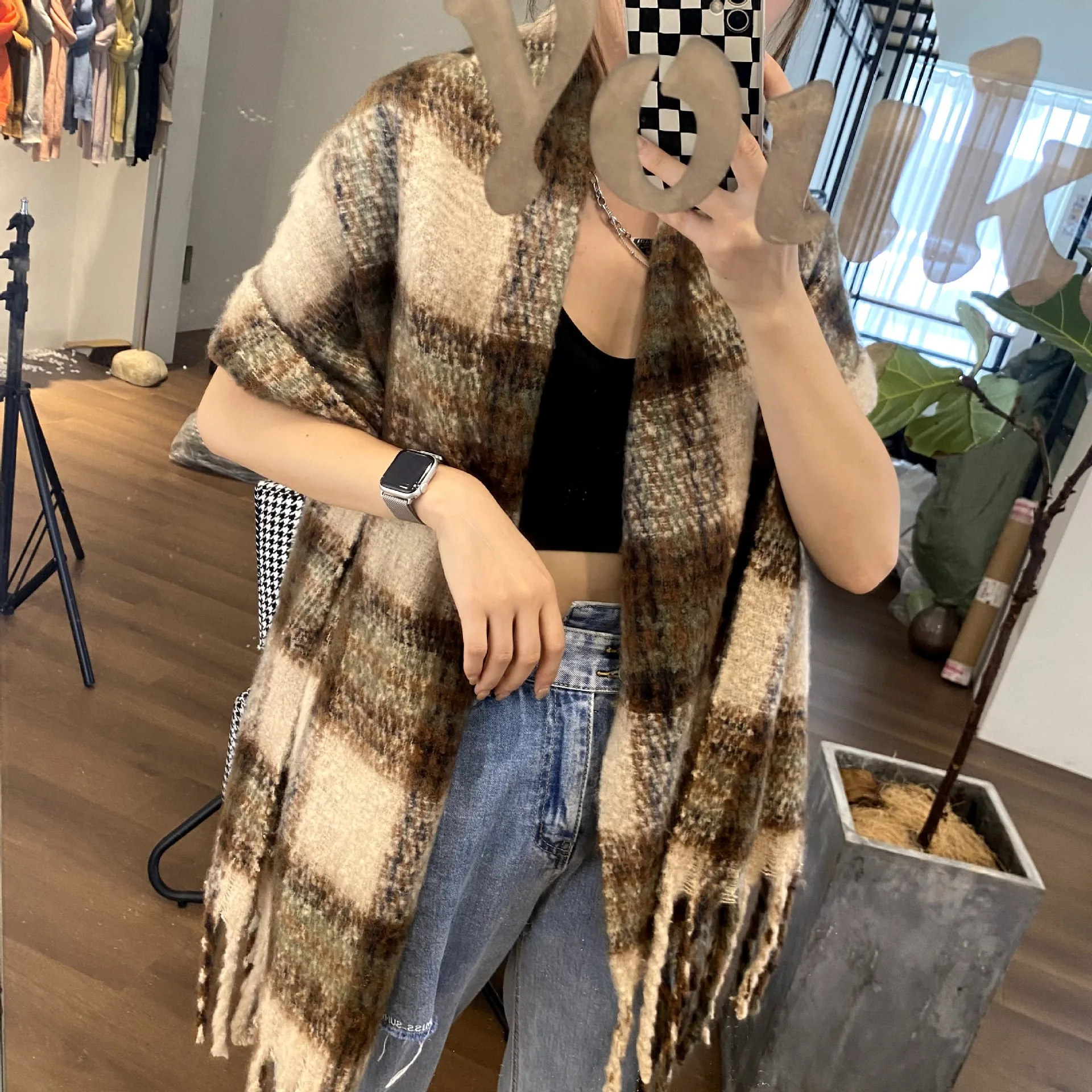 

Новый зимний вязаный шарф для женщин, универсальный однотонный черно-белый клетчатый теплый и утолщенный ветрозащитный шарф Y2K Wh14