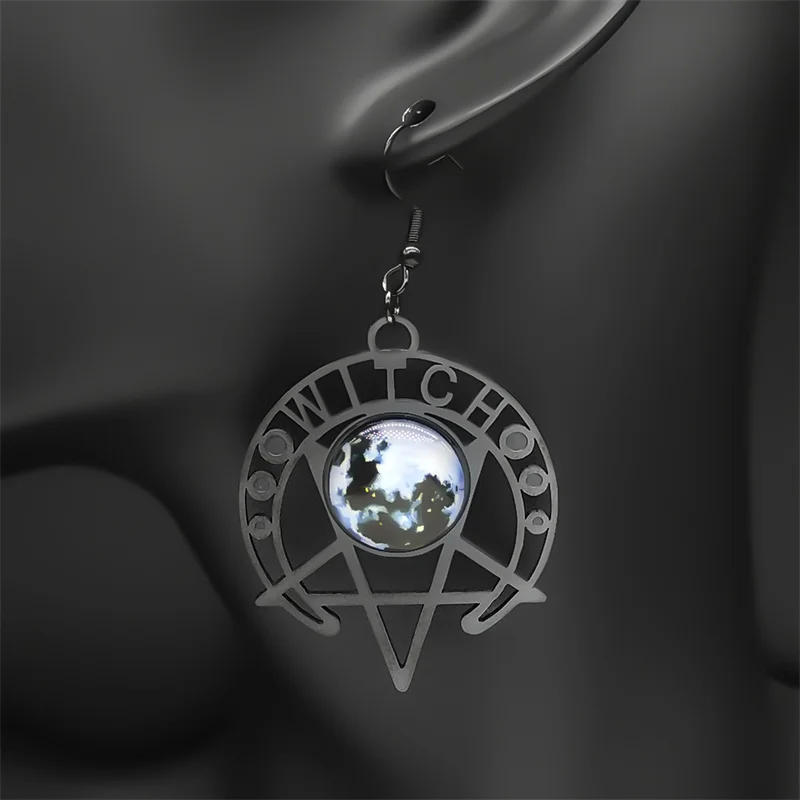 Gothic Witch Moon Dark Magic Inverted Glass Pentagram Earrings Women Stainless Steel  Starry Sky Crescent  Drop Earring jewelry