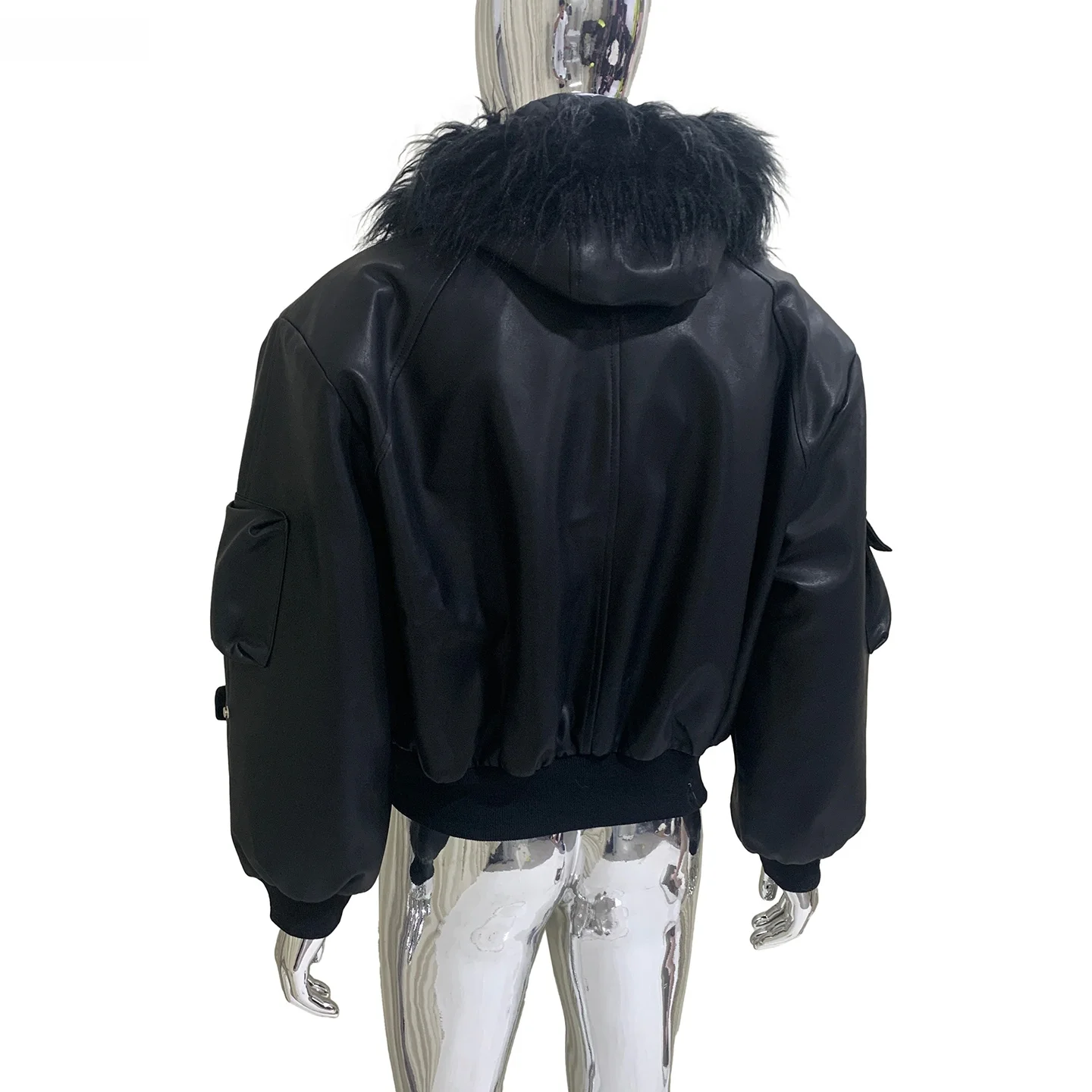 Nerazzurri Men's Short PU Leather Jacket with Large Fur Collar Winter Coat Casual Fashion Urban Style Zipper Closure Long Sleeve