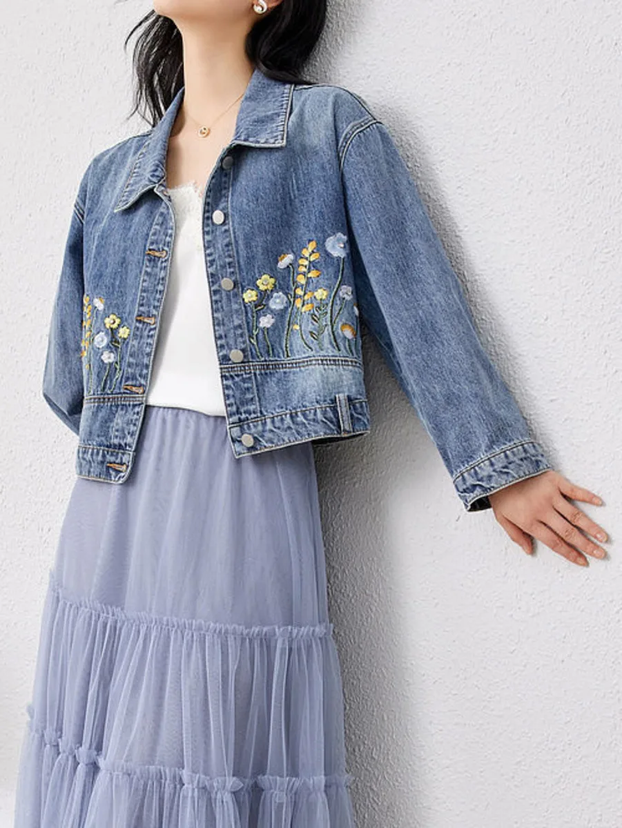 Floral Embroidered Denim Short Jacket Women Casual Denim Jacket Casual Spring Fashionable Cropped Jeans Coat Top Outerwear