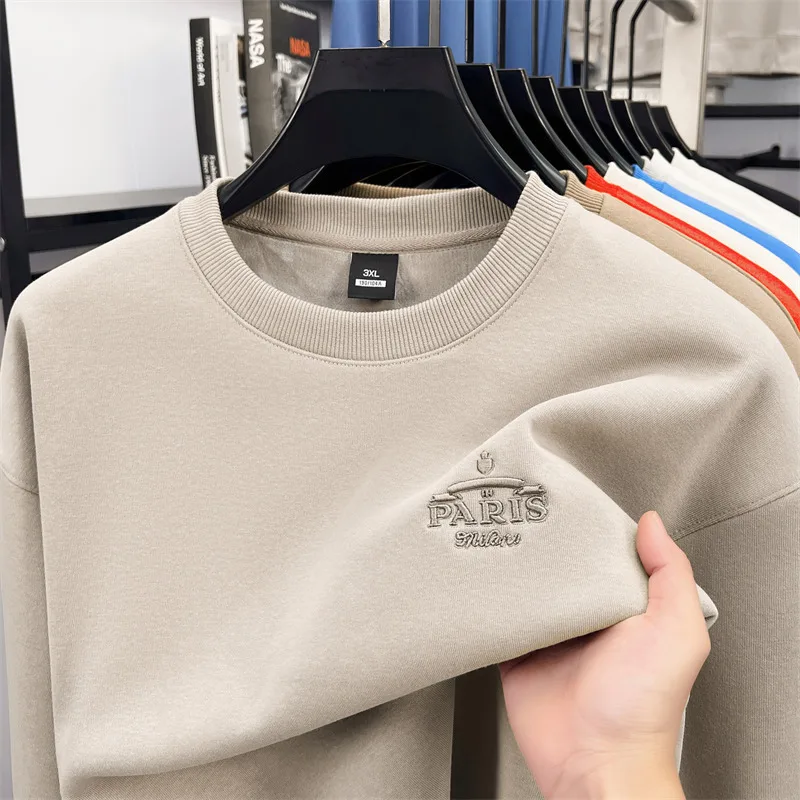 

Luxury Man Long-Sleeved T-Shirt Fleece-Lined and Thickened Round Neck Exquisite Embroidery Autumn Winter Leisure Men's Clothing