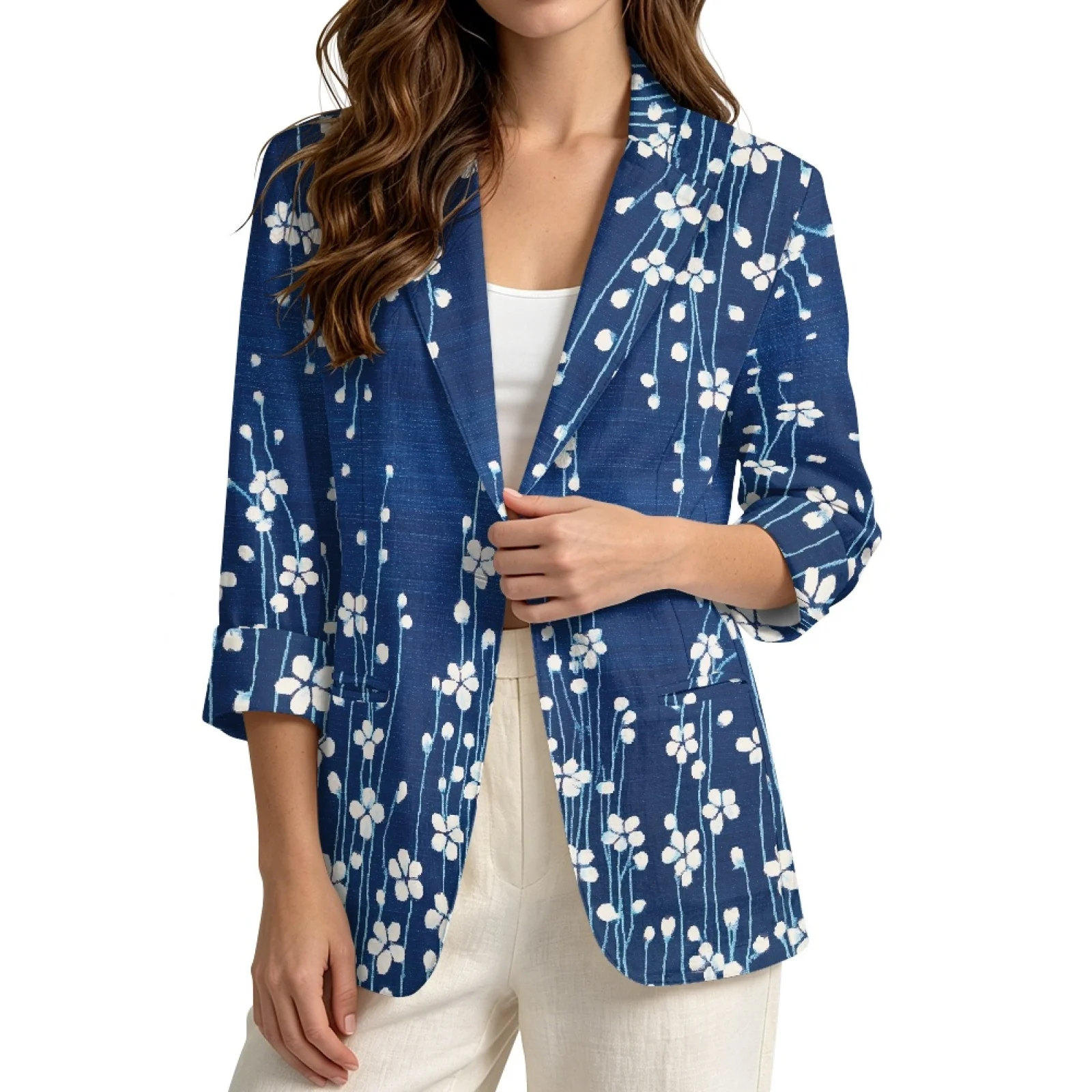 PENSTROLL Blue White Floral Casual Beach Top for Women Linen Like Layering Top Beach Coverups