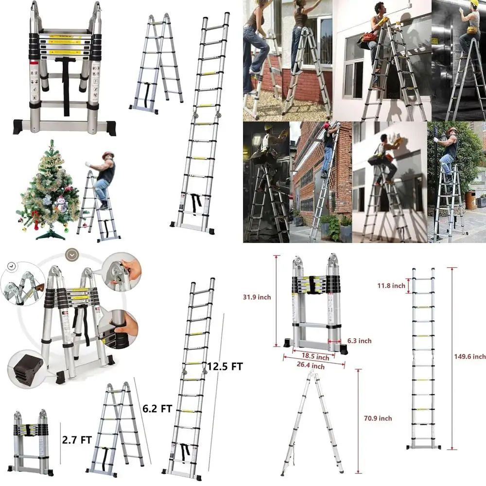 سلم تمديد ألومنيوم متعدد الأغراض مع قضيب تثبيت، 12.5 قدم، تصميم على شكل حرف A، يدعم 330 رطلاً
