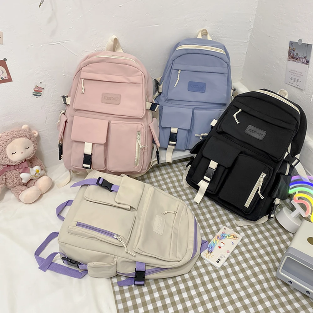 Simple Canvas Backpack Large Capacity Student Hit Color Laptop High School Book Bag Casual Travel Portable Leisure Rucksack