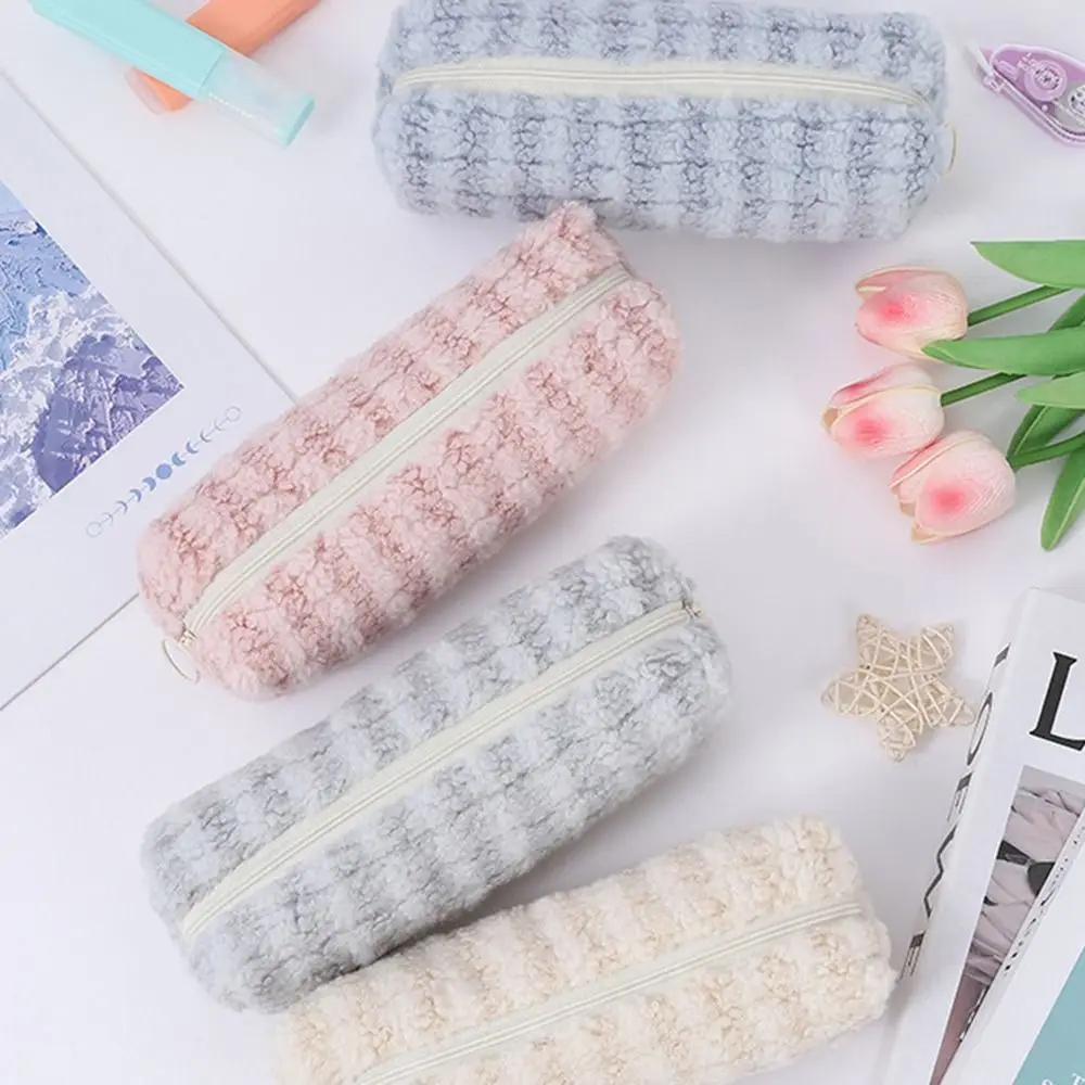 Plaid Plush Pencil Case Portable Simple Hand Warm Make Up Storage Bags Multi-purpose Large Capacity Cosmetic Pouch Girls