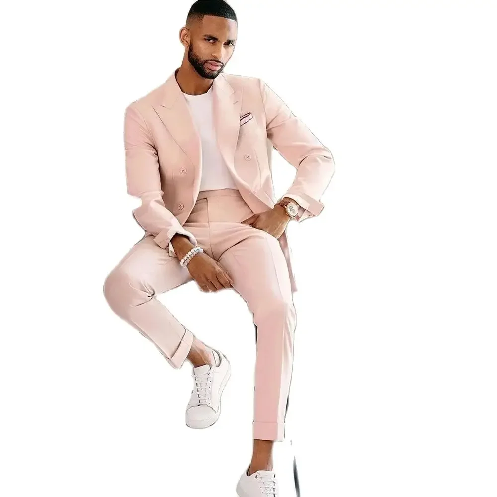 Handsome Pink Men\'s Suit for Wedding Double Breasted 2 Piece jacket Pants Male Clothing Smart Causal Office Slim Fit Blazer Set