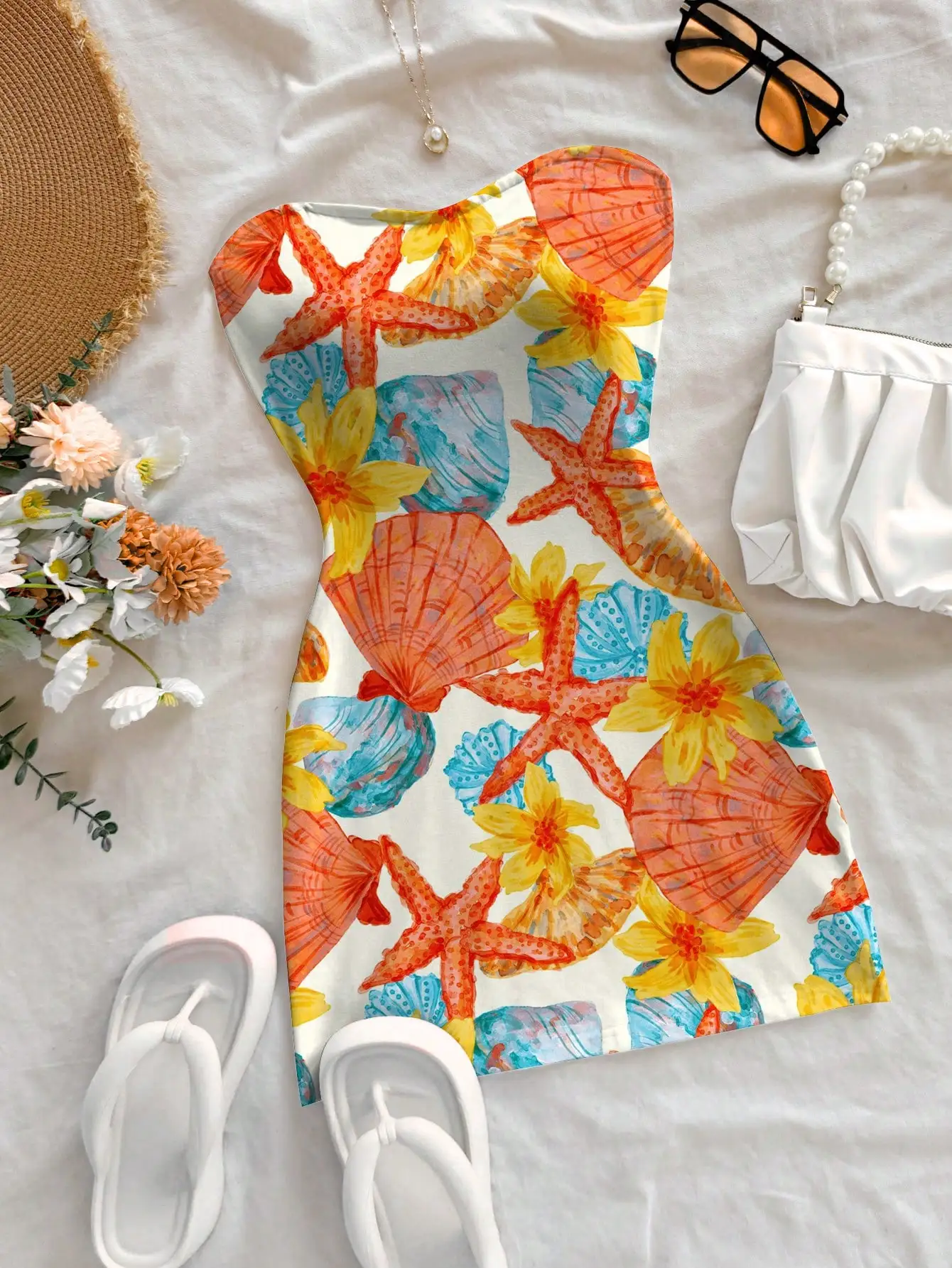 

Women's Strapless Mini Dress with Watercolor Seashell & Starfish Print