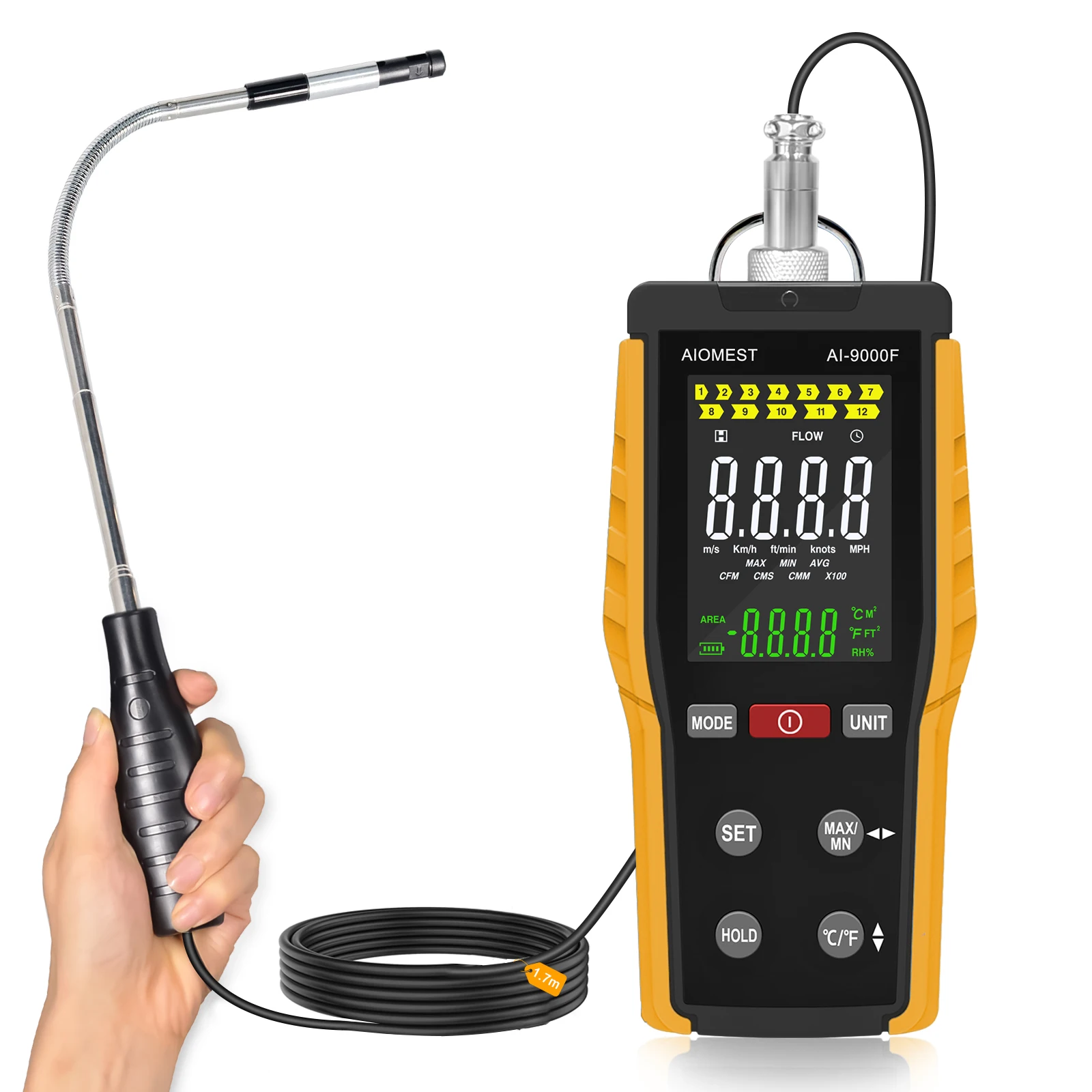 

Hot-Wire Anemometer HVAC Wind Gauge, Handheld CFM Air Flow Velocity Meter HWA Measure Wind Speed 0.1~30m/s w/Max Min for Duct
