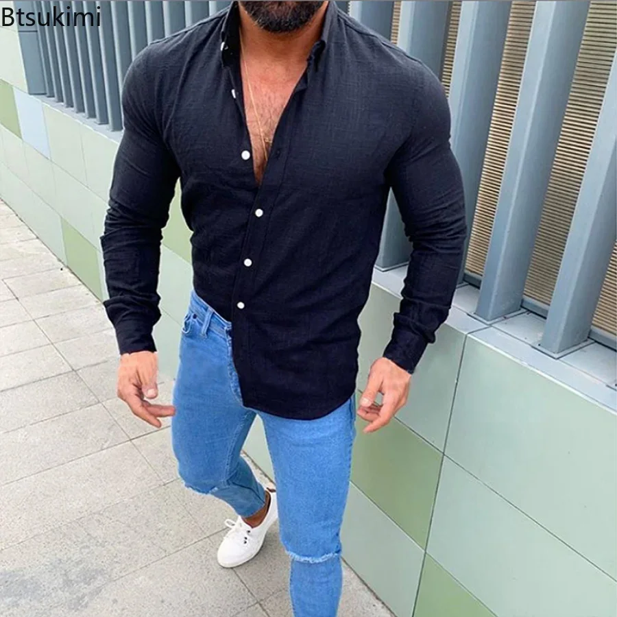 2024 Heren Casual Lange Mouwen Katoenen Linnen Dunne Stijl Revers Hennep Shirt Heren Losse Vest T-Shirt Mode Shirt Voor Heren