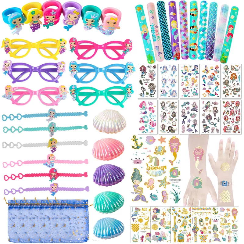 Little Mermaid Party Favors Cartoon Mermaid Sticker Bracelets Ring Glasses Clap Circle Gift Bags for Girls Birthday Party Gifts