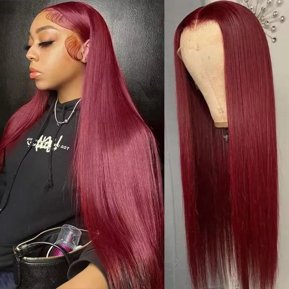 99j Burgundy Lace Front Human Hair Wig 13x4 HD Lace 30 Inch Straight Lace Front Wig HD Lace Frontal Colored Wig