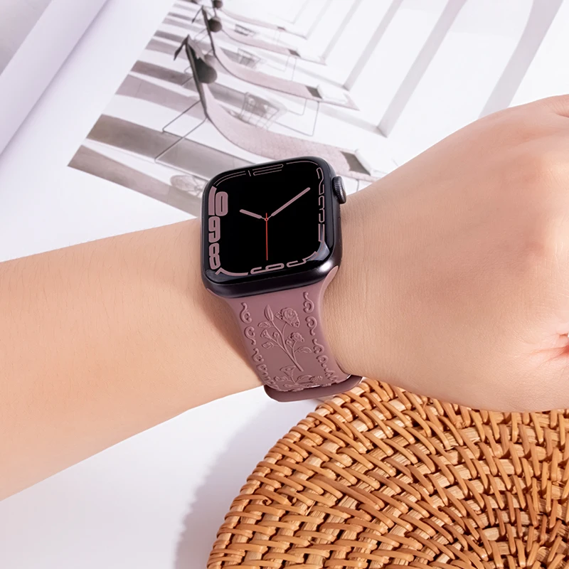 Tali jam tangan Apple, terukir untuk Apple Watch seri 8 9 7 3 se Ultra 49mm 41mm 40mm 45 40mm gelang wanita correa iwatch