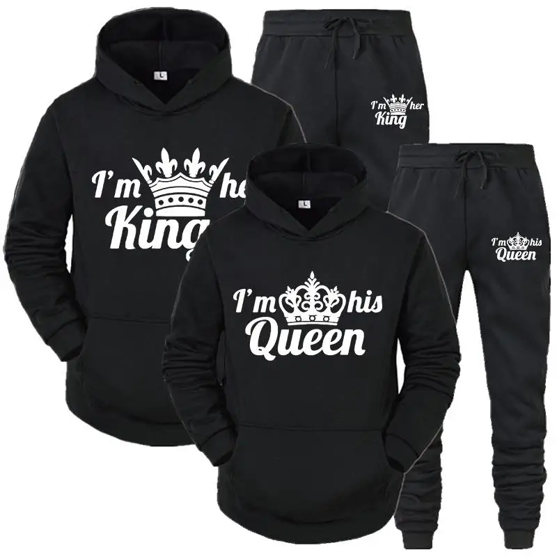 2024 new Lover Tracksuit Hoodies Printing QUEEN KING Couple Sweatshirt Plus Size Hooded Clothes Women Two Piece Set