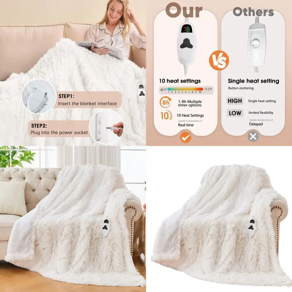 

Twin Size Electric Heated Blanket - Plush Faux Fur & Sherpa, 10 Heat Levels, 5 Timers, Ideal Winter Gift, 62x84 Snow Cloud