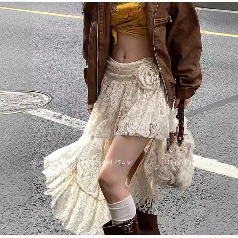 

2025 New Fashion Vintage Women's Casual Apricot White Solid Color Ankle Length Lace Sweet A-line Loose Lace Skirt Female Clothes