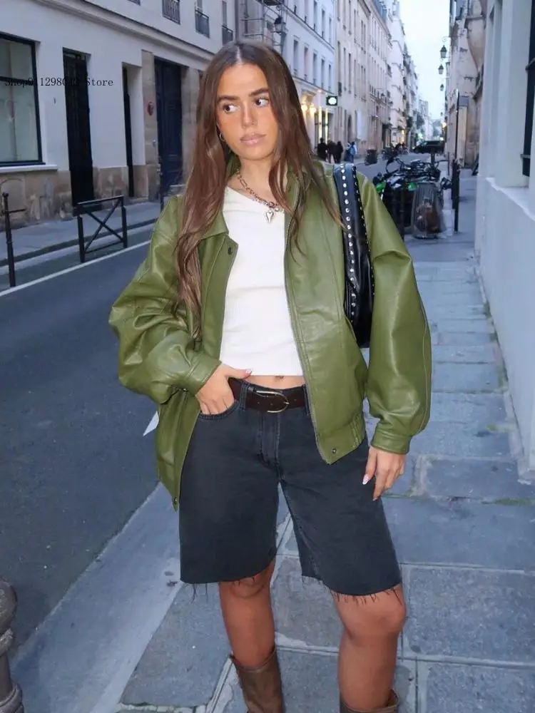 Spring and Autumn Women's Vintage Faux Leather Jacket Loose Fit Zipper Lapel Coat Casual Commuting Motorcycle Outwear