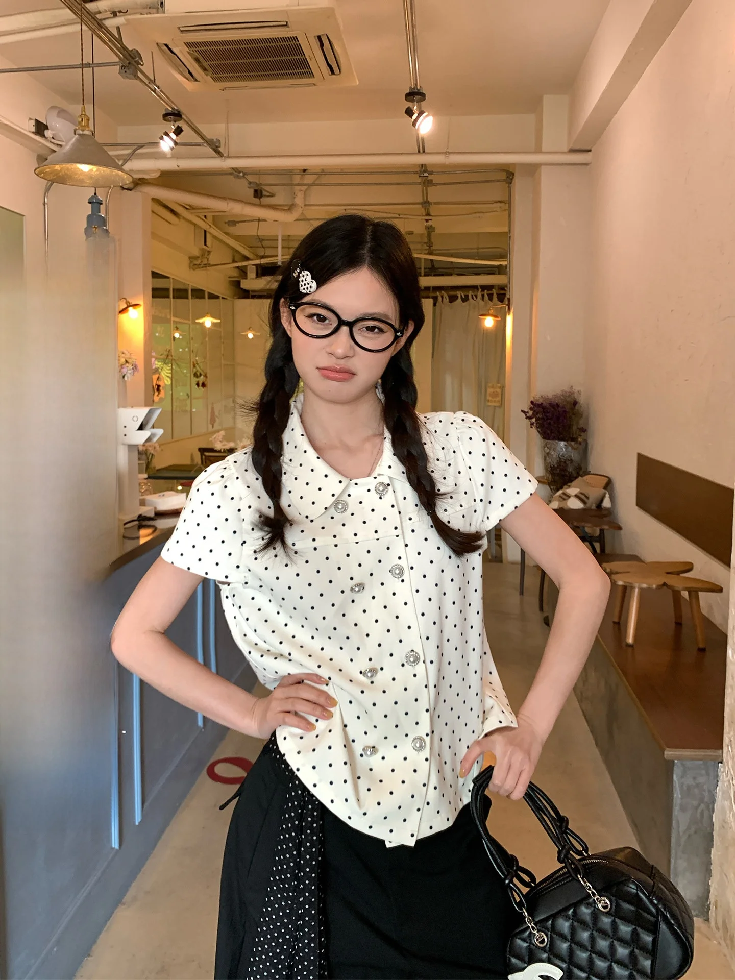 

Новая летняя женская блузка Song Zhengen в корейском стиле с воротником-стойкой, в горошек, приталенная, универсальная, красивая, с коротким рукавом