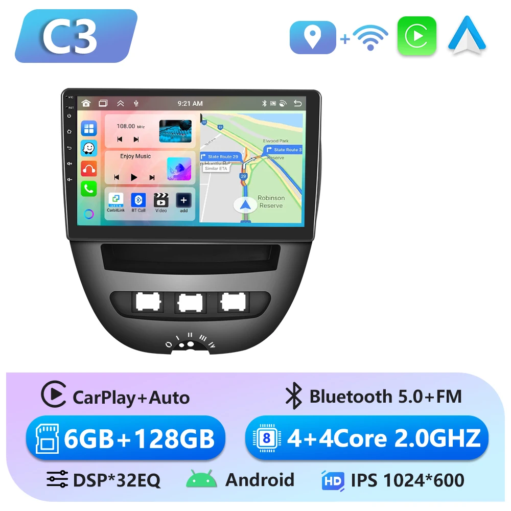 Podofo 6 + 128G Autoradio Voor Peugeot 107 Toyota Aygo Citroen C1 2004 - 2014 Draadloze CarPlay Android Auto GPS Multimedia Speler - afbeelding 1