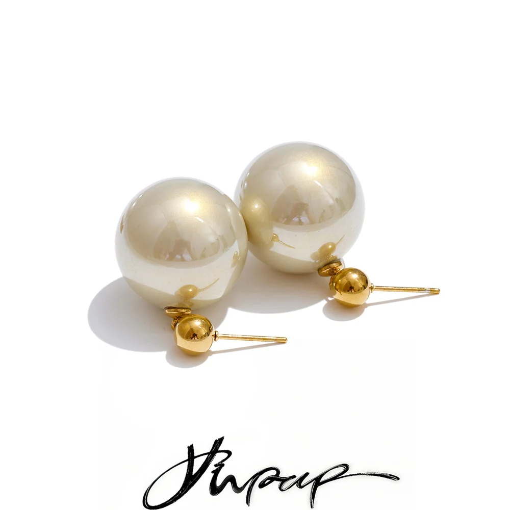Yhpup 20*20mm Big Simulated Pearls Round Drop Earrings Vintage Stainless Steel Daily Wear Korean Jewelry Wholesale Waterproof