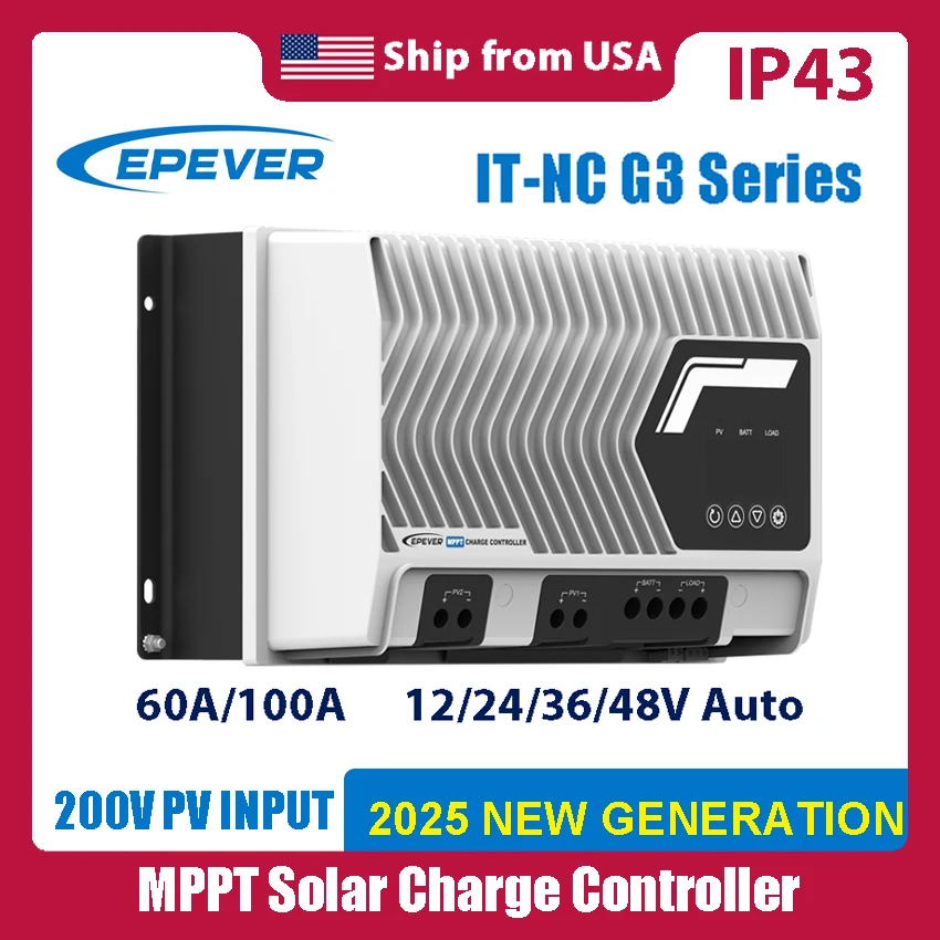 EPEVER 2025 NEW 100A MPPT Solar Charge Controller IP43 Waterproof 12V/24V/48V DC Auto Compatible with LiFePO4 200V PV Panel