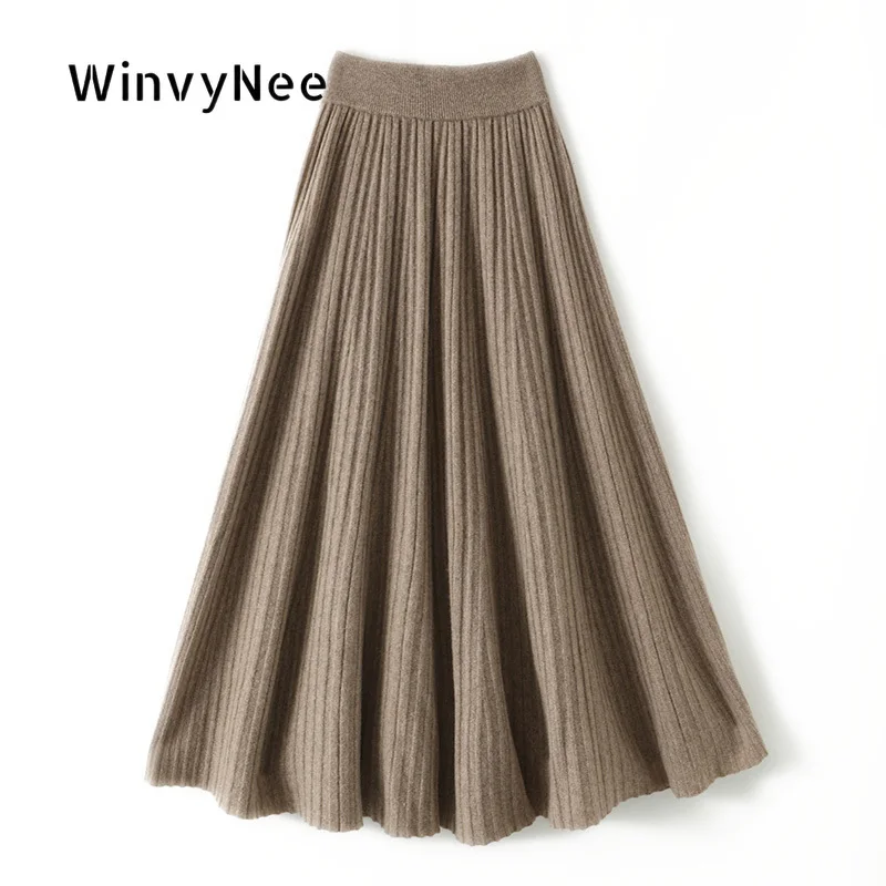 WinvyNee Women Pleated Knit Midi Skirts Warm 100% Wool Vertical Rib Swing Draped Soft Chic Autumn Winter Bottom Apparel E1853013