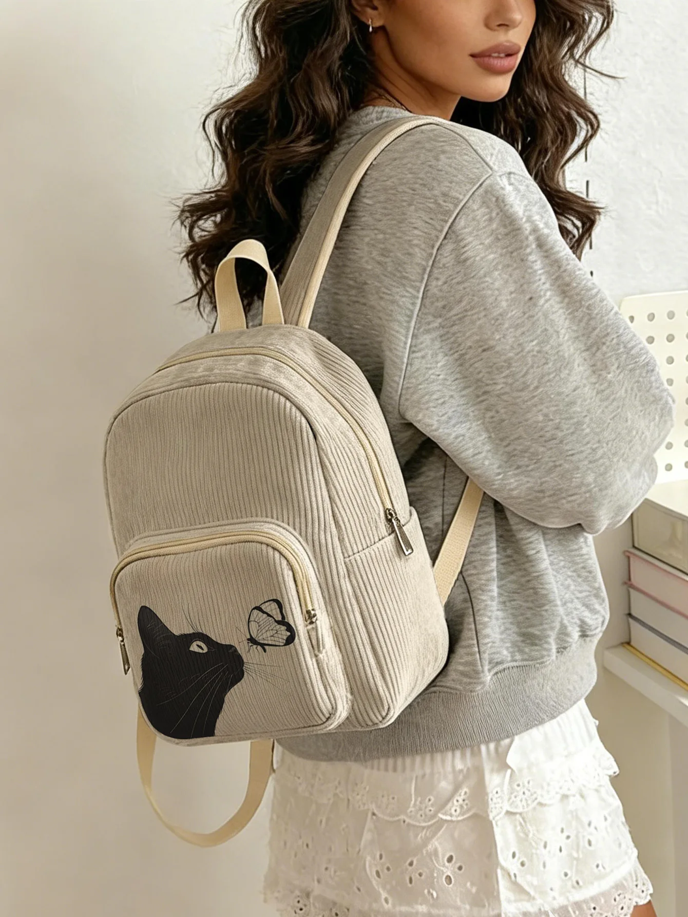 

Black Cat & Butterfly Print Women Fashion Backpack Corduroy Multi-pocket Large Capacity Commuter Bag