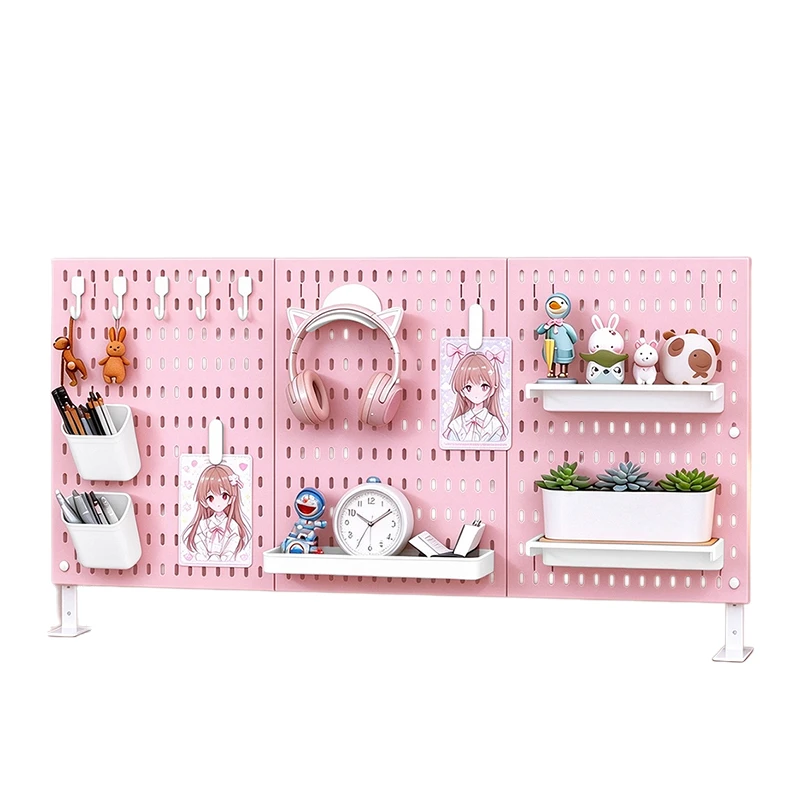 Pink Desktop Pegboard No‑Drill Desk Organizer Stand Wall Mount Storage Rack For Office Desk Small Accessories Display