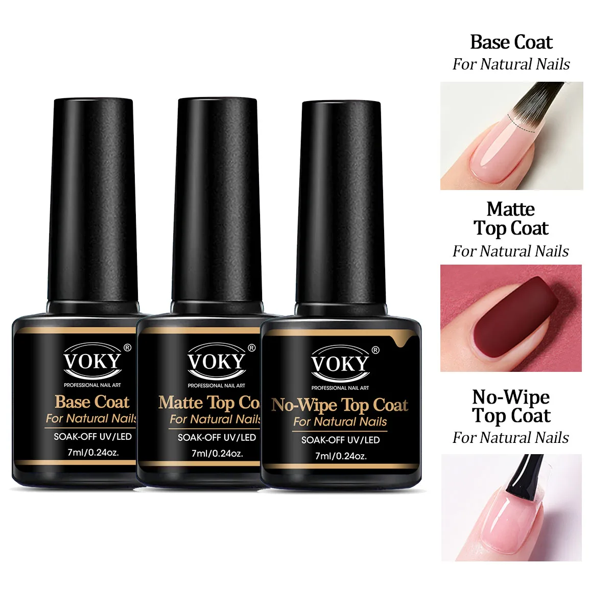 VOKY 0.24온스 닦아내지 않는 탑 코트 및 베이스 탑 코트 및 매트 탑 코트 세트 - 윤기 나는 마감, 오래 지속되는, LED 네일 램프 젤 담그기