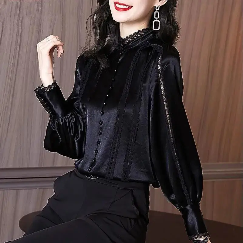 Stand Collar Casual Blouse 2022 Spring Autumn Vintage Elegant Loose Plus Size Women Clothing Lace Spliced Tops Puff Sleeve Shirt