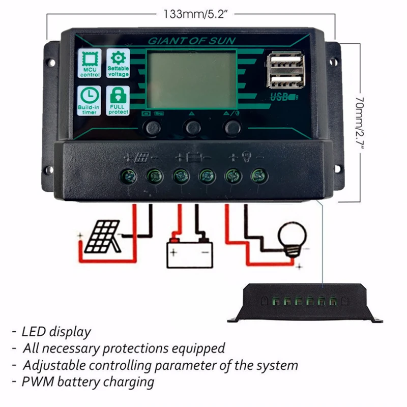 80A 100A 150A PWM Solar Charge Controller 12V 24V PV Regulator+LCD Display Dual Port Controller for Lead-Acid/Lithium Battery