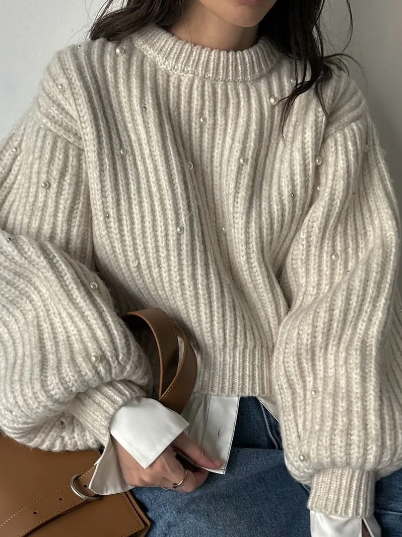 

Retro Heavy Embroidery Design Loose Thi Warm Lantern Sve Knitted Sweater Women Autumn Winter New Sle Chic Faionable