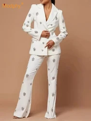 Modphy White Heavy Industry Diamond Blazer +Flared Pants Two-Piece Set Women'S 2024 Autumn Formal Suit Trousers Set