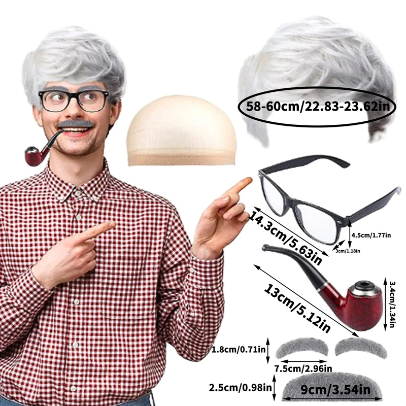 Old Man Costume Kit Grandpa Costume Accessories Including Old Man Wig,Wig Cap,Glasses,Fake Beard,Faux Eyebrows for Cosplay