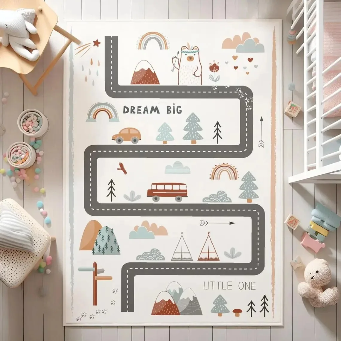 Animal City Car Road Kids Rug Educational Traffic Play Mat Colorful Cartoon Print Carpet for Children's Bedroom Playroom
