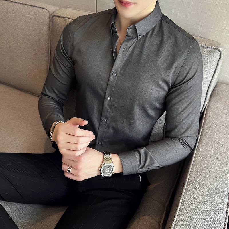 Longsleeve Shirts for Men 2022 Spring New High Quality Business Casual Stretch Slim Fit Solid Color Formal Shirts Mens Clothing