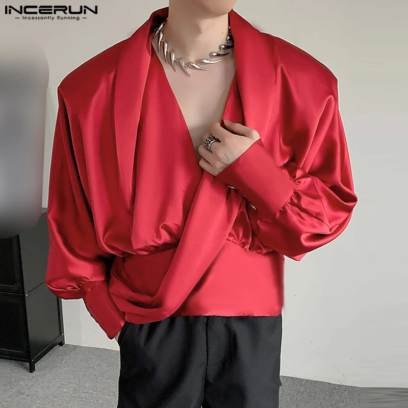 INCERUN 2024 Handsome Men\'s Sexy Shoulder Pad Design Shirts Casual Clubwear Male Solid Simple V-neck Long Sleeved Blouse S-5XL