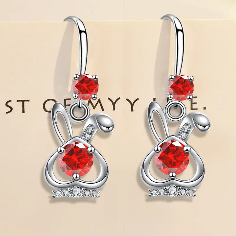 KOFSAC 2023 Crystal Zircon Rabbit Drop Earrings For Women Exquisite 925 Silver Heart Earring Cute Girl Zodiac Year Jewelry