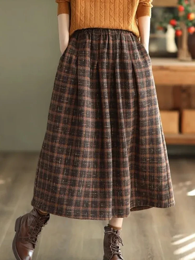 

Woolen Plaid Skirt Women Vintage Thick Warm Skirt Autumn Winter Casual High Waisted Skirt Lady Retro Loose Long Streetwear Z536