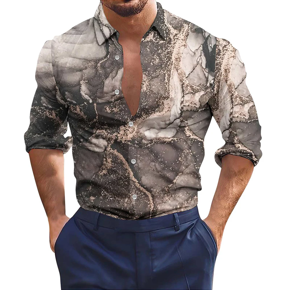 Men Shirt Comfortable For All Seasons Lapel Long Sleeve Party T Dress Up Polyester Printed Regular Button Down