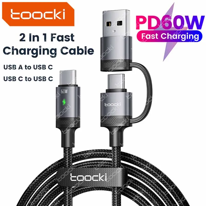 

Toocki 2 in 1 Type C Cable For iPhone 15 Pro iPad Macbook PD 60W USB Type C Cable For Xiaomi Samsung C To C Fast Charging Cable