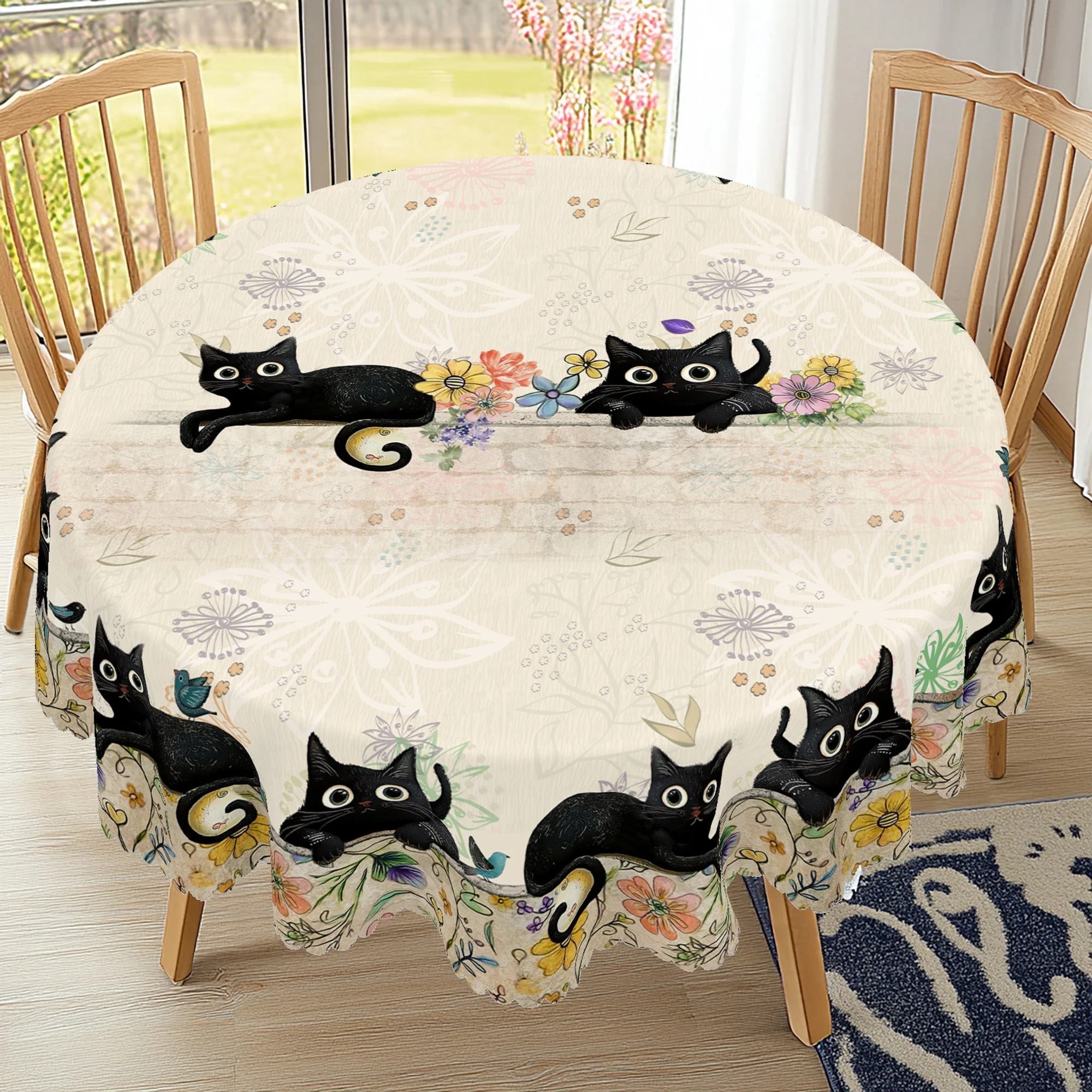1 Piece of Cute Kitten-Themed Round and Rectangular Tablecloth, Available in Various Sizes, with a Print Featuring Soft and Adorable Black Cats and Colorful Flower Clusters, and Fresh Foliage Embellishments, with Embossed Edges, Suitable for Garden Dining Tables, Patio, Garden, Picnic, Etc., Spring and Summer Home Decor, Cute Aesthetic Gifts