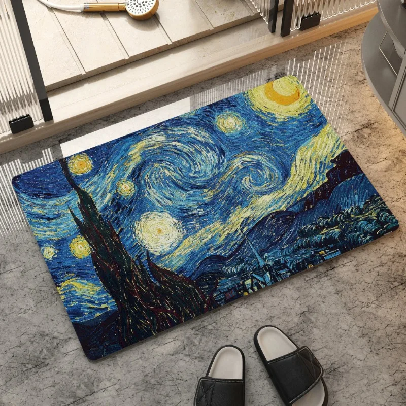Alfombra de franela con pintura al óleo de noche de Luna estrellada de Van Gogh, alfombra antideslizante absorbente para el suelo del baño y el hogar
