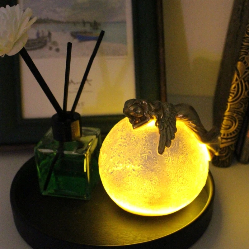 Elegant Angelic On Moon LED Night Light Resins Statue 3D Bedroom Desktop Decors Dropshipping