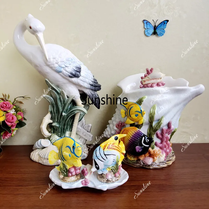 Ceramic egret ornament, European style living room TV cabinet, coffee table, high-end decorative display