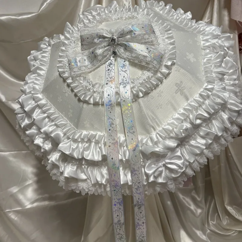 Sweet Lolita Sun Parasol Cream Brocade Canopy Removable Bow Accent Vintage Style Long Stick Umbrella for Dress Match Outfit Prop