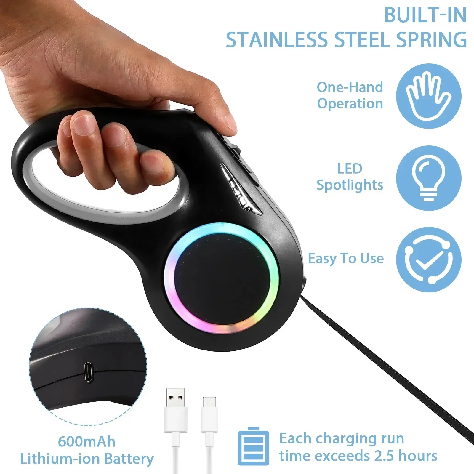 

5-метровый светящийся поводок для собак с автоматическим выдвижением, светящиеся ремни для прогулок с щенками ночью, прогулки на свежем воздухе, нескользящая ручка