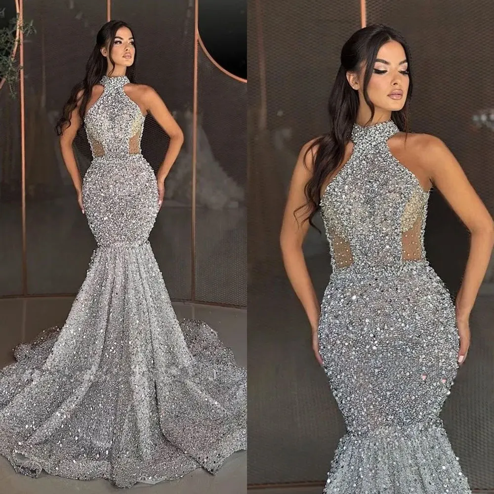 Luxury Silver Beading Sequins Evening Dresses 2024 Illusion Halter Mermaid Prom Gowns Sleeveless Formal Occasion Party Dress