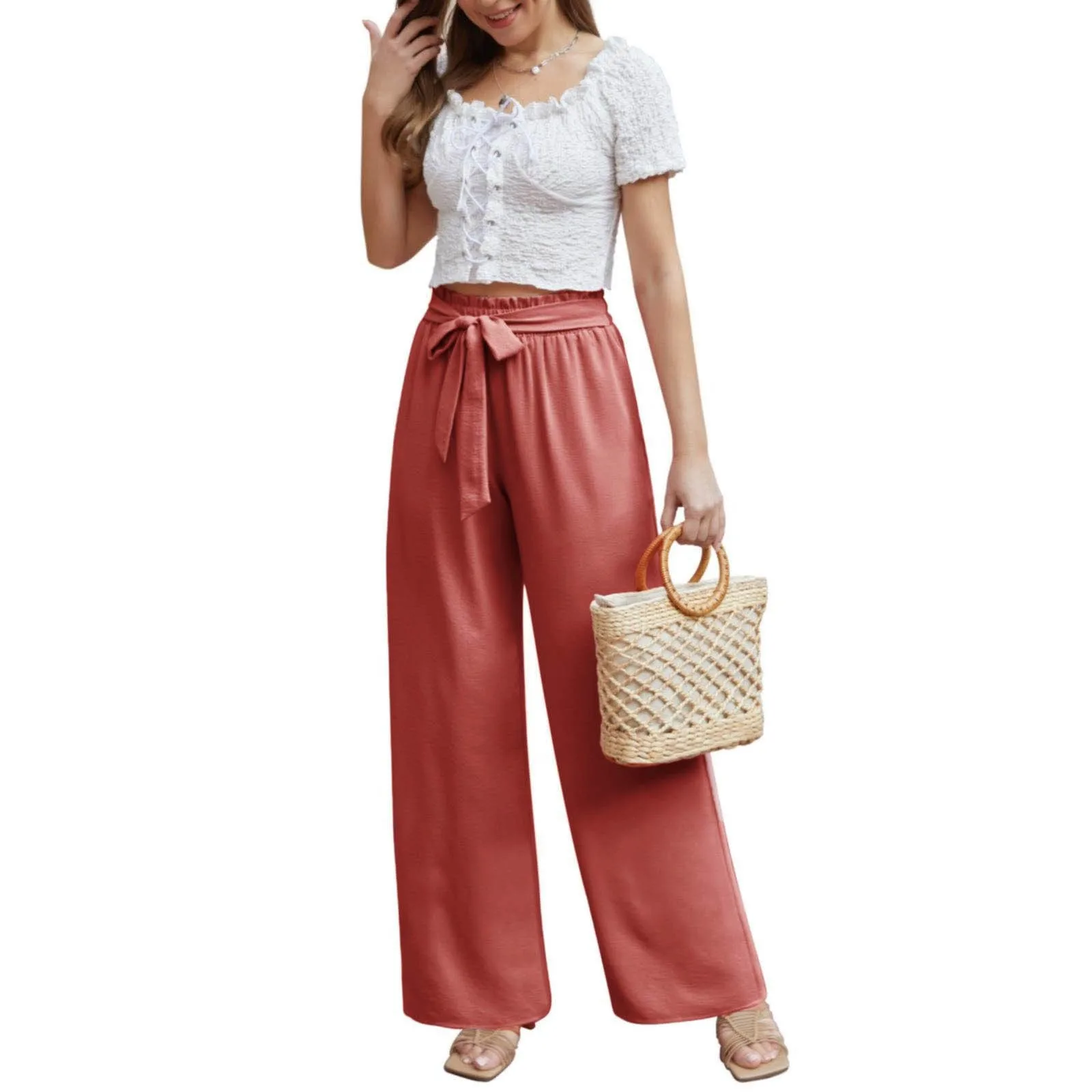 Business Casual Clothes for Women Pants Womens Elastic Belted High Waist Casual Loose Long Pants with Pocket Dress